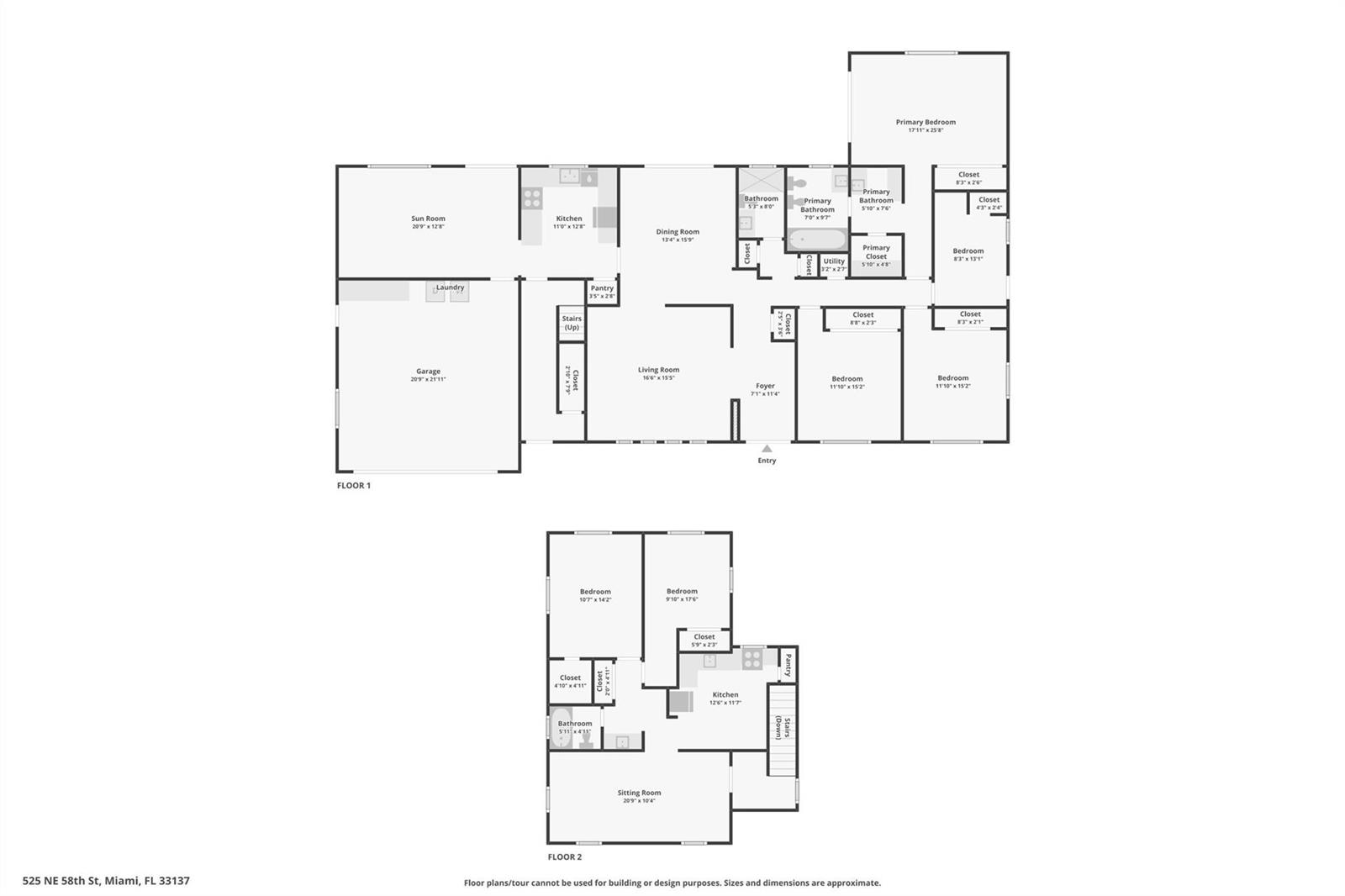 This image is a two-level floor plan showing the layout of a residential property — 525 NE 58th Street, Miami FL 33137, MIAMI, FL