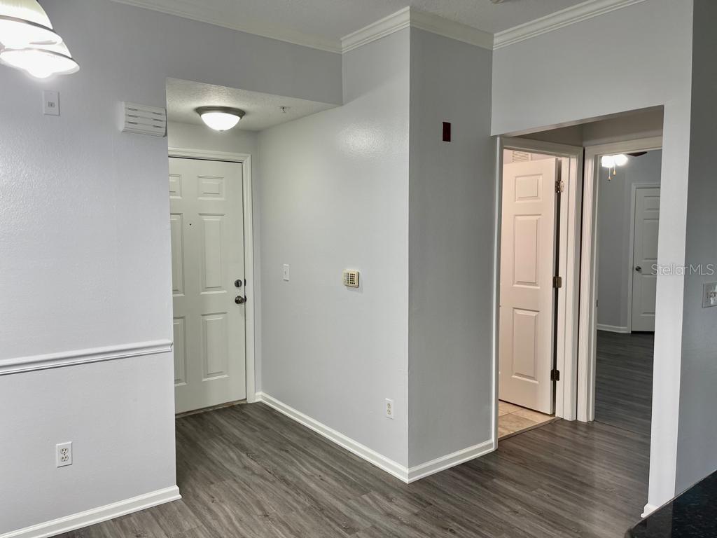 An entryway with light gray walls, wood-look flooring, a white front door, and two doorways — 14316 FREDRICKSBURG DRIVE UNIT 514, ORLANDO, FL