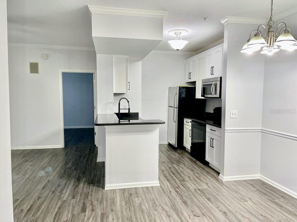 A kitchen features white cabinets, black countertops, stainless steel appliances, and wood-look flooring — 14316 FREDRICKSBURG DRIVE UNIT 514, ORLANDO, FL
