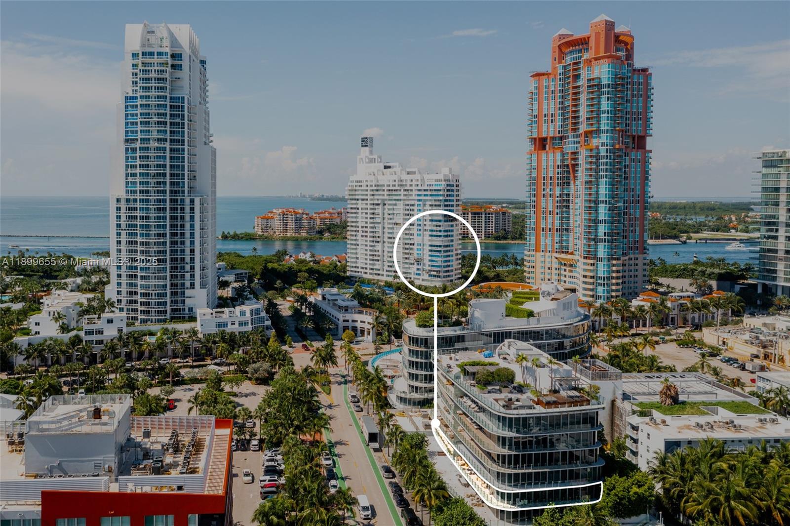 An aerial view shows a modern multi-story building highlighted in a white outline — 1 Collins Ave # 207, Miami Beach FL 33139, MIAMI BEACH, FL