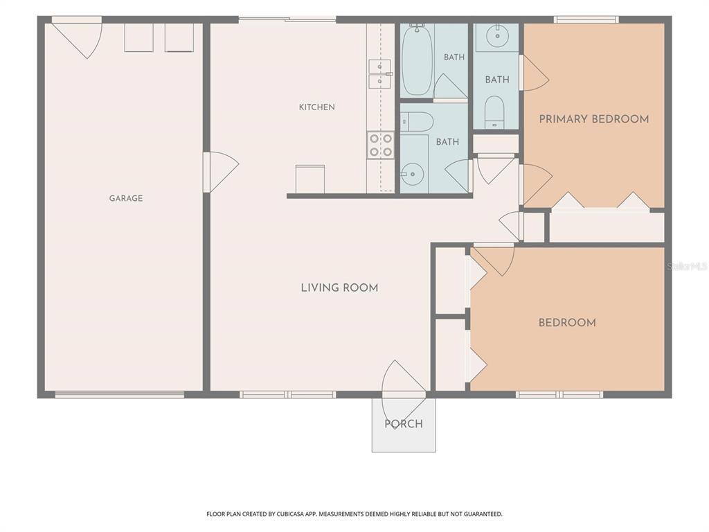 This is a floor plan showing a garage, kitchen, living room, two bedrooms, and bathrooms — 1733 LARKIN ROAD, SPRING HILL, FL