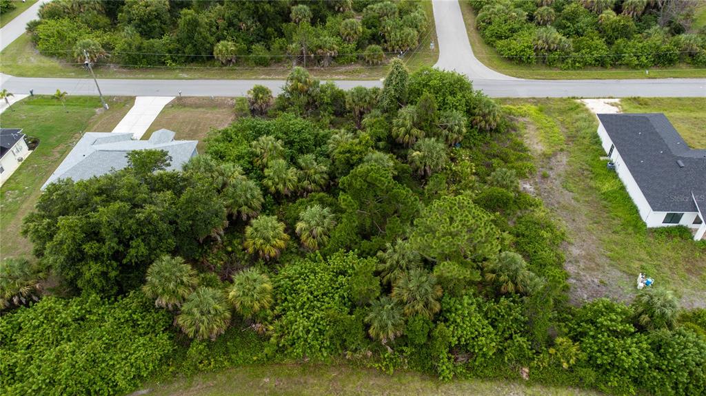 An aerial view shows a vacant, heavily wooded residential lot situated between two existing houses — ANDRIS STREET, NORTH PORT, FL