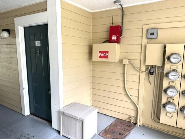 An exterior view showing a dark door, a FACP box, and electrical meters on a wall — 4211 CHATHAM OAK COURT UNIT 102, TAMPA, FL