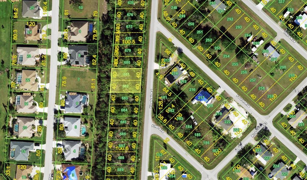 This is an aerial map showing residential lots, streets, and property boundaries — 11197 / 11205 PINETRAIL ROAD, PUNTA GORDA, FL