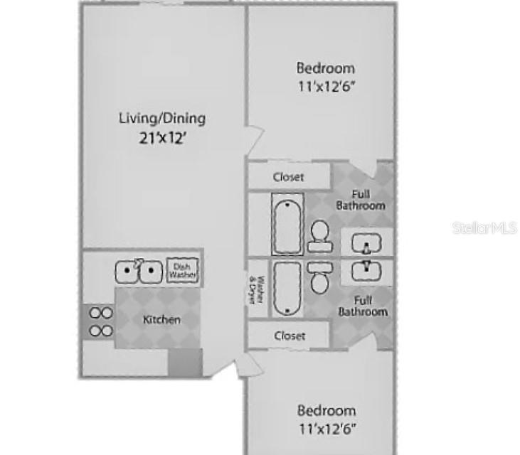 This floor plan shows a two-bedroom, two-bathroom apartment layout with an open living and dining area — 85 SE 16TH AVENUE UNIT F302, GAINESVILLE, FL