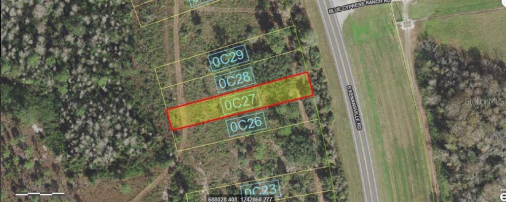 An aerial map shows a highlighted rectangular land parcel located next to a paved road — S KENANSVILLE ROAD, OKEECHOBEE, FL