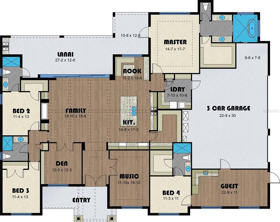 This is a floor plan for a single-story house featuring four bedrooms and a garage — LOT 44 REYNOLDS PARKWAY, ORLANDO, FL