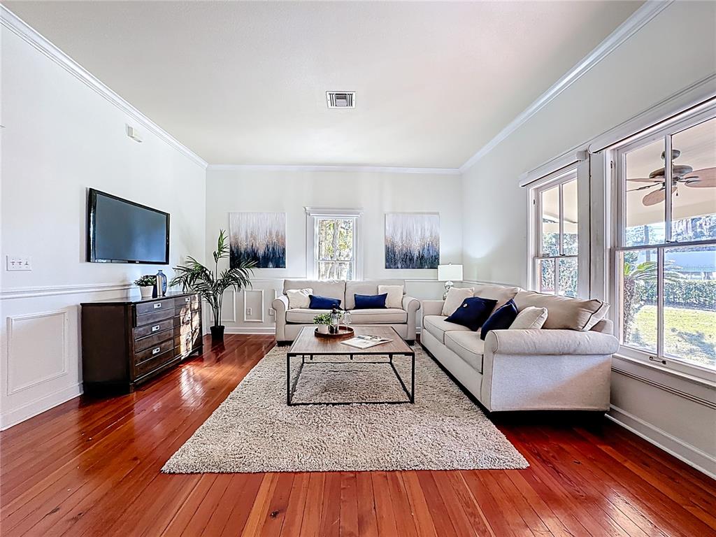 A living room features hardwood floors, a large area rug, two sofas, and a television — 1148 N GRANDVIEW STREET, MOUNT DORA, FL
