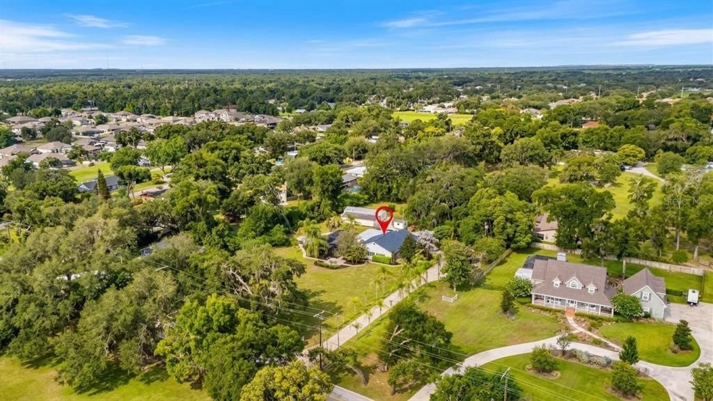 An aerial view shows a house with a red location pin in a wooded area — 2715 LITTLE ROAD, VALRICO, FL