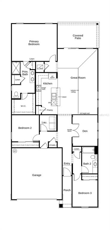 This is a floor plan for a single-story house featuring three bedrooms, a den, and a garage — 120 WAVERLY LANE, PALM COAST, FL