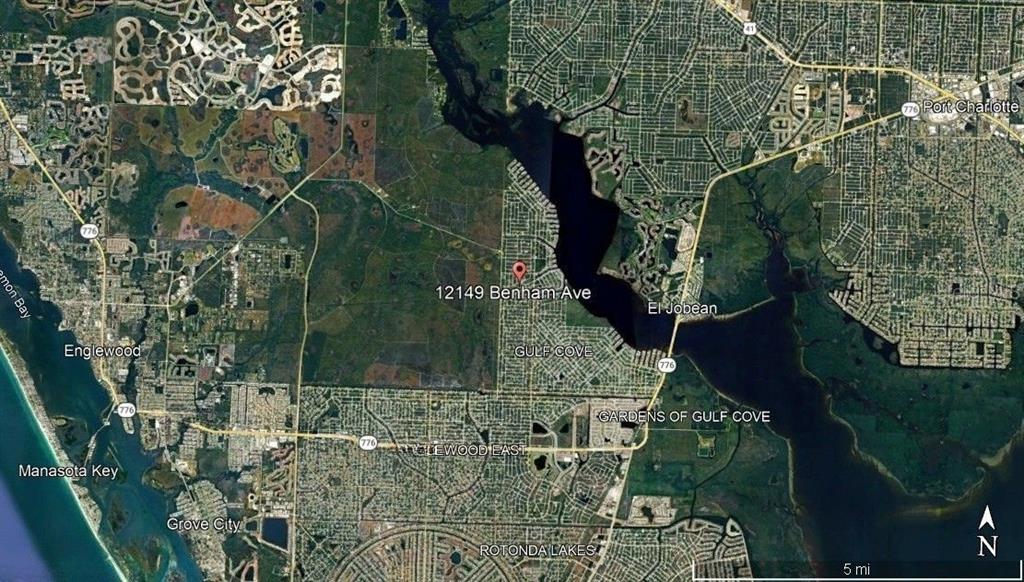 This is a satellite map showing the location of a property in Gulf Cove, Florida — 12149 BENHAM AVENUE, PORT CHARLOTTE, FL