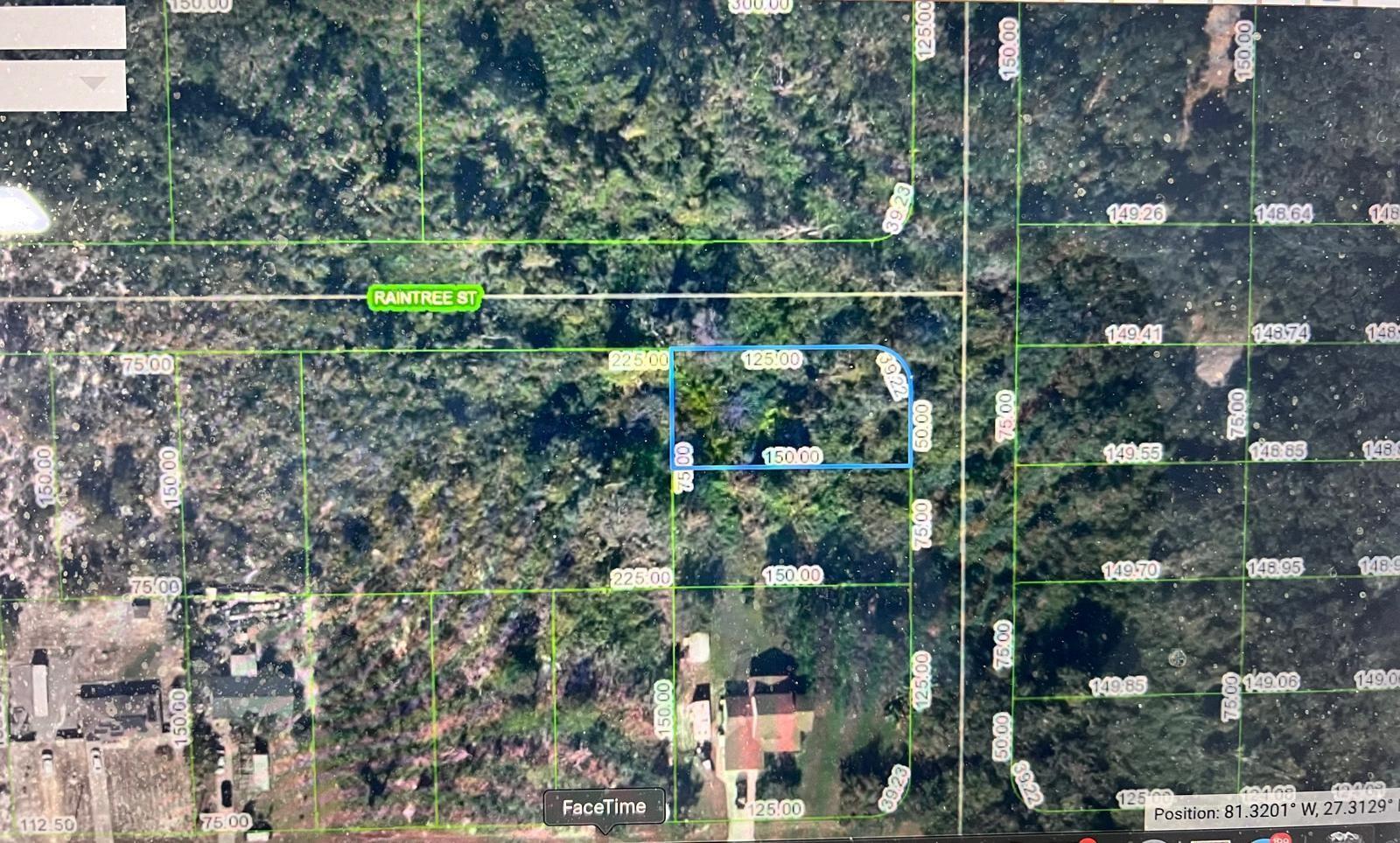 This is a satellite map view showing a highlighted rectangular parcel of undeveloped land — 1521 Raintree, Lake Placid FL 33852, LAKE PLACID, FL