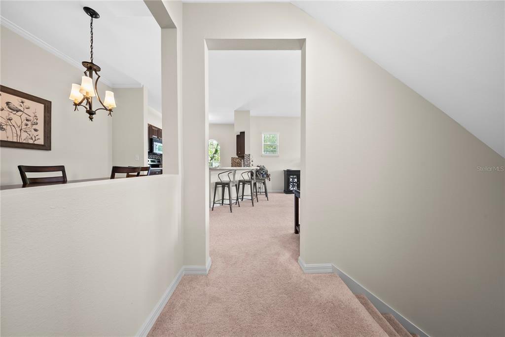 A carpeted hallway leads through a doorway into a kitchen with a breakfast bar — 714 SIENA PALM DRIVE UNIT 201, CELEBRATION, FL