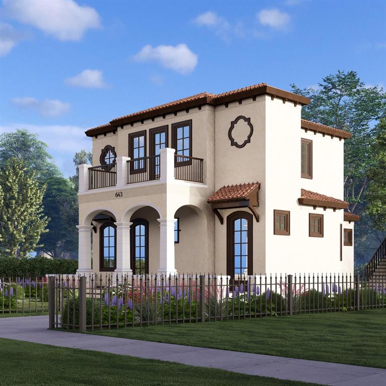 A digital rendering of a two-story Mediterranean-style house with a balcony and arched entryways — AMELIA STREET, ORLANDO, FL