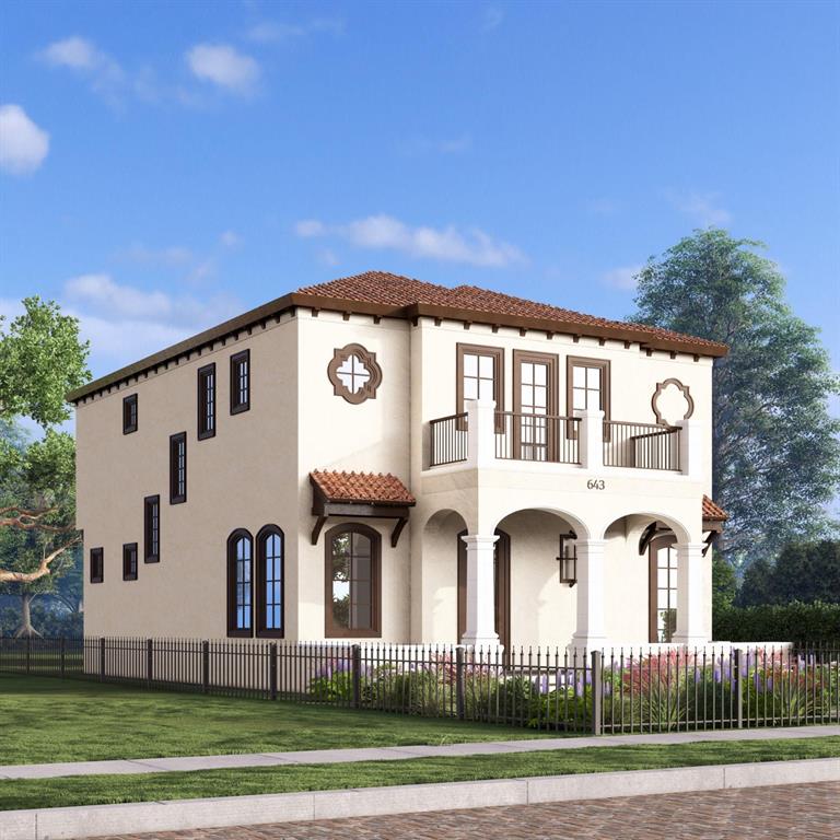 A digital rendering of a two-story Mediterranean-style house with a balcony and arched porch — AMELIA STREET, ORLANDO, FL