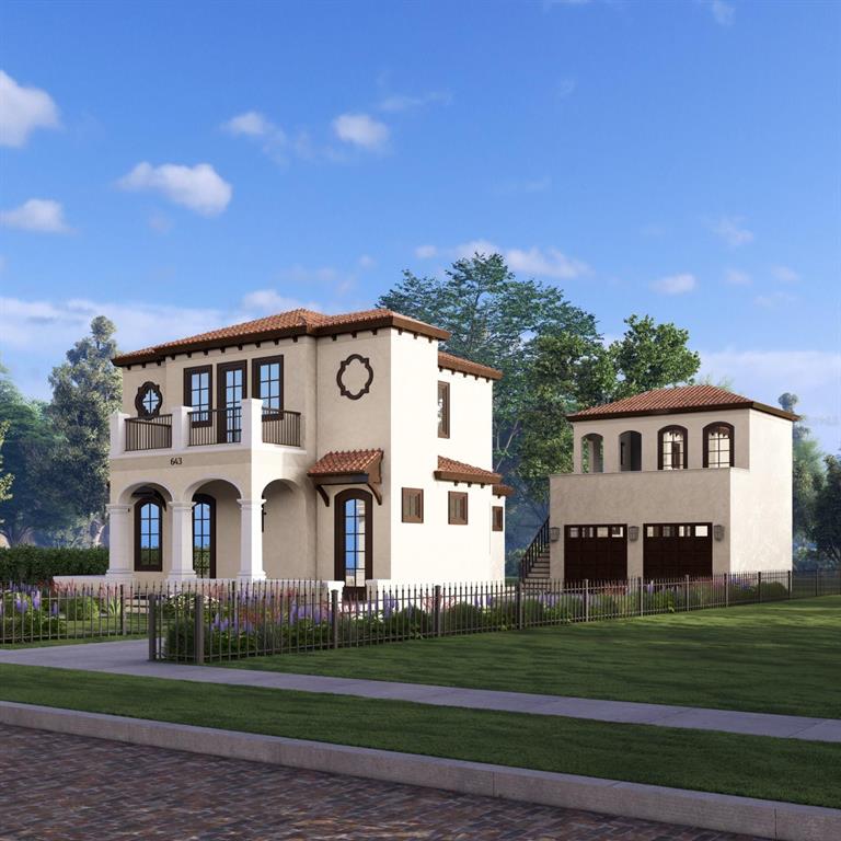 A digital rendering of a two-story Mediterranean-style house with a detached garage and balcony — AMELIA STREET, ORLANDO, FL