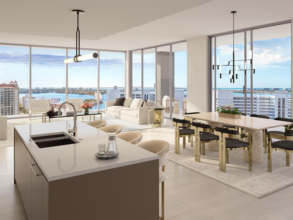 This is a digital architectural rendering of a modern high-rise apartment building with glass balconies — 1000 BOULEVARD OF THE ARTS UNIT 1710, SARASOTA, FL