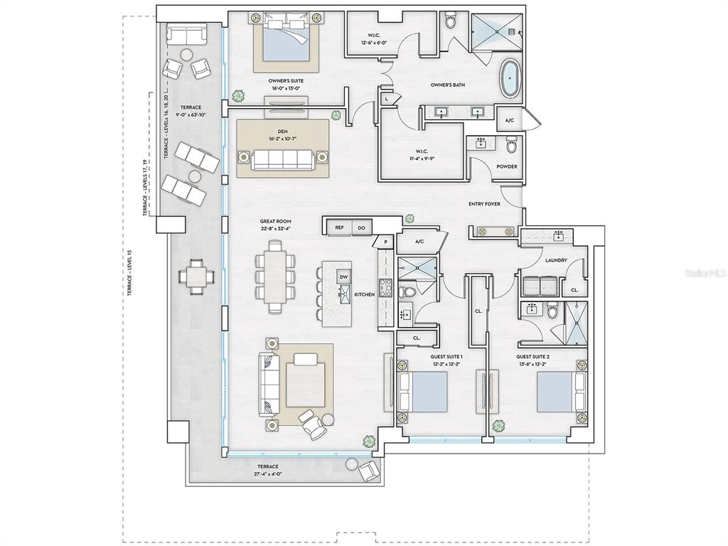 This floor plan shows a luxury apartment layout with three bedrooms, a great room, and terraces — 1000 BOULEVARD OF THE ARTS UNIT 1710, SARASOTA, FL
