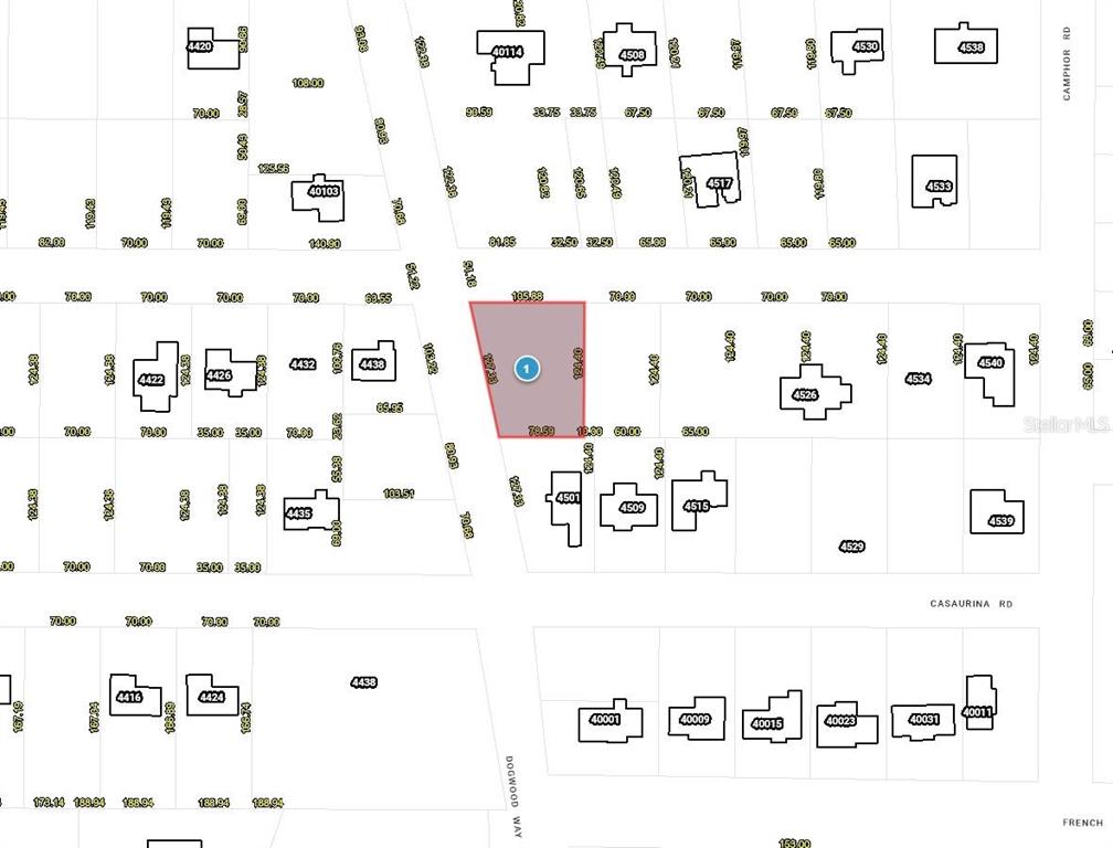 This image is a property tax map showing lot boundaries and building footprints — DOGWOOD WAY, LADY LAKE, FL