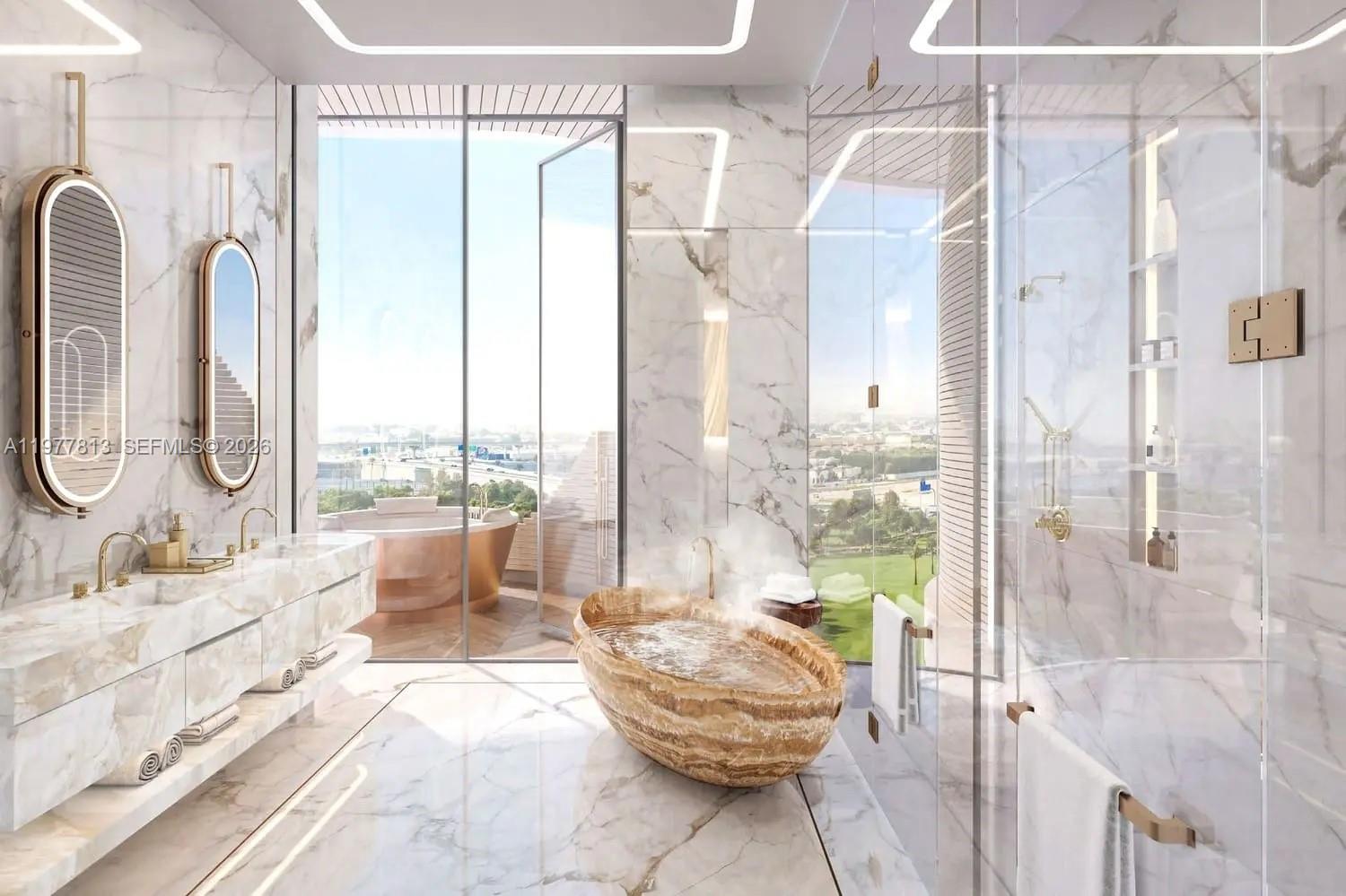 This rendering shows a luxury bathroom with marble walls, a stone tub, and balcony views — 55 Al Wasl Road # 0, Dubai, FL