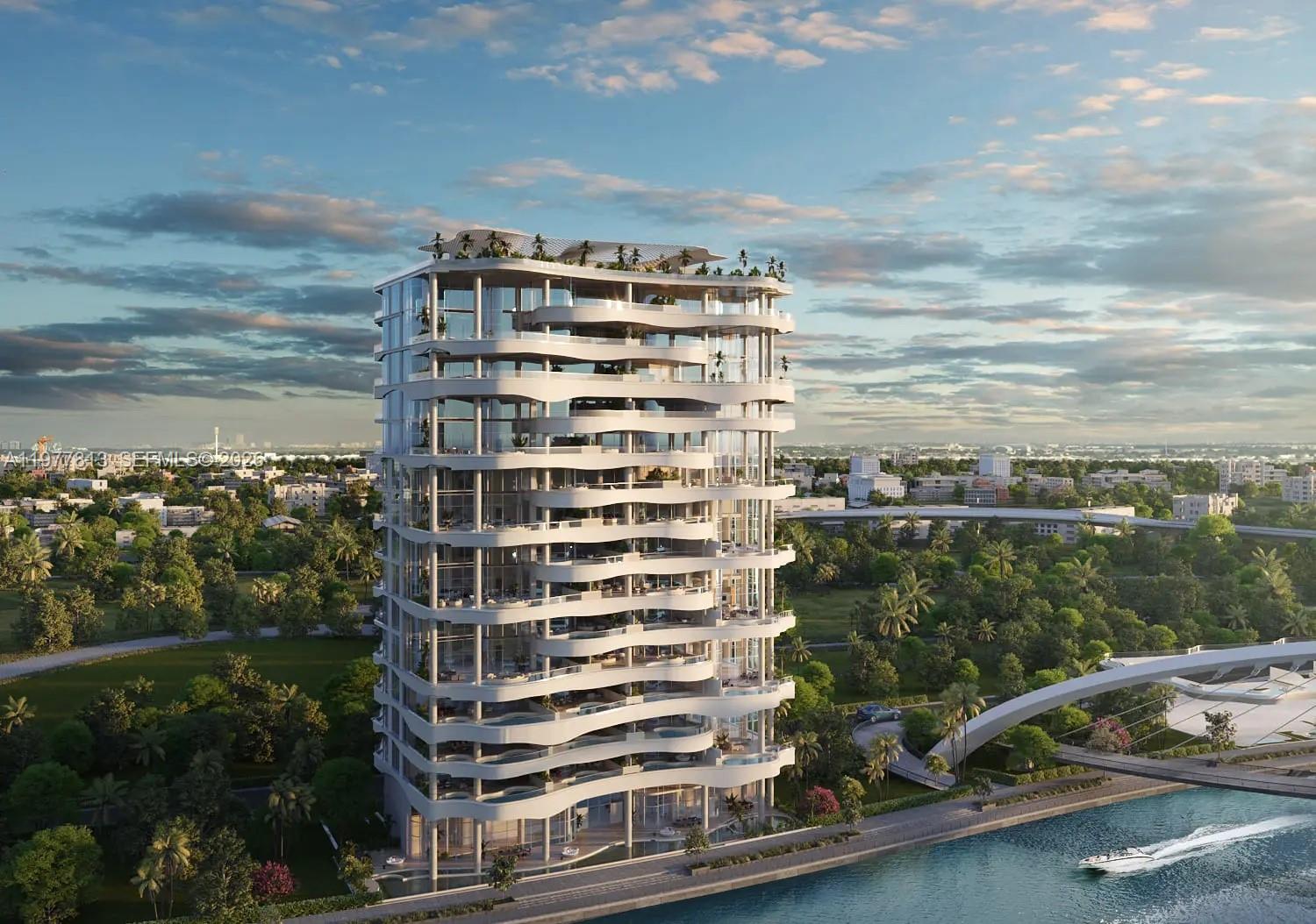 This is a rendering of a modern high-rise building with wavy balconies overlooking a river — 55 Al Wasl Road # 0, Dubai, FL