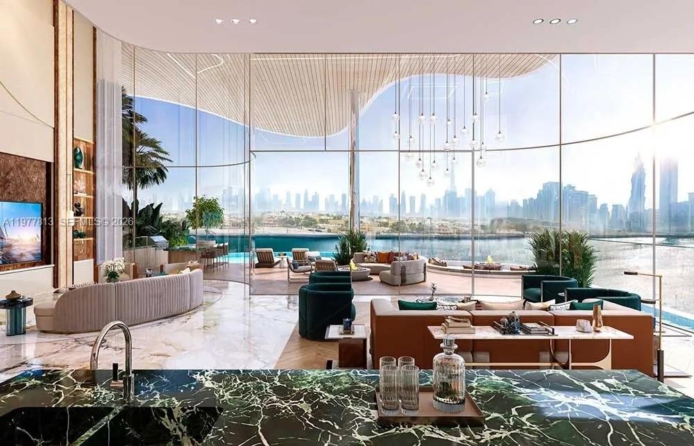 This rendering shows a luxury living area with floor-to-ceiling windows overlooking a city skyline — 55 Al Wasl Road # 0, Dubai, FL