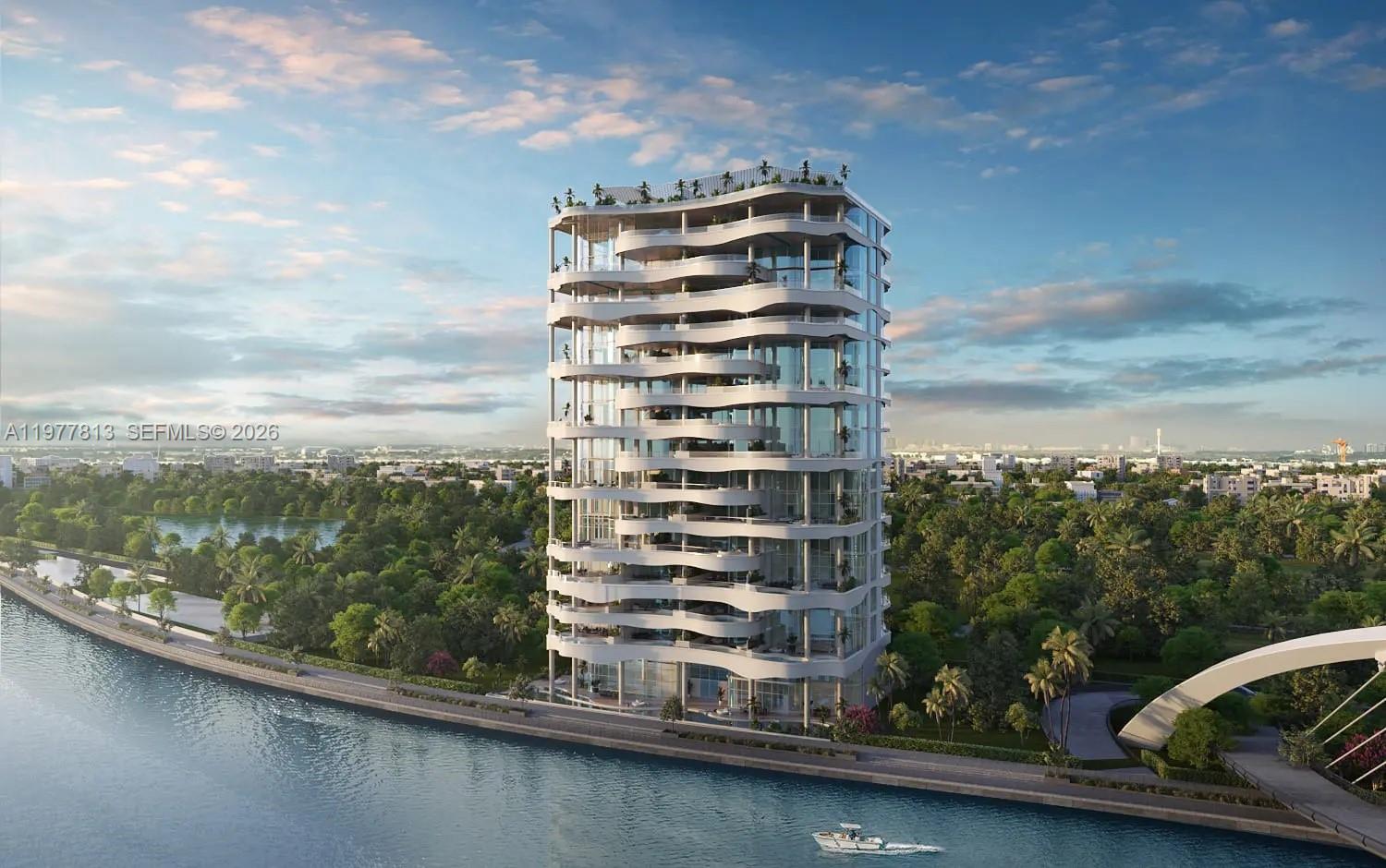 A rendering of a modern high-rise residential building with curved balconies situated along a waterway — 55 Al Wasl Road # 0, Dubai, FL