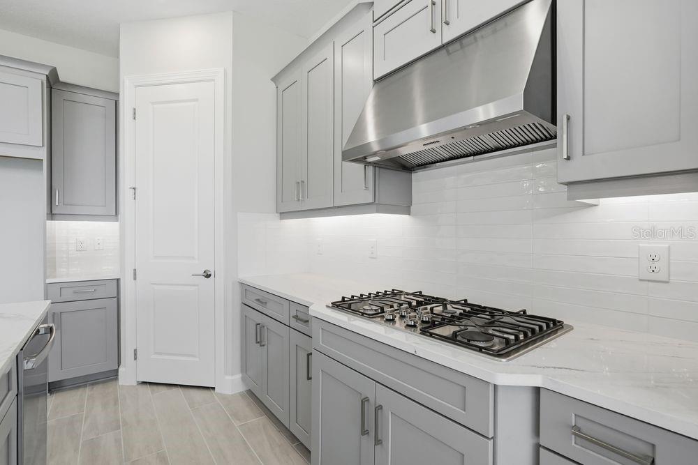 A modern kitchen features gray cabinets, white countertops, a gas cooktop, and a stainless hood — 13705 IONA AVENUE, PALMETTO, FL