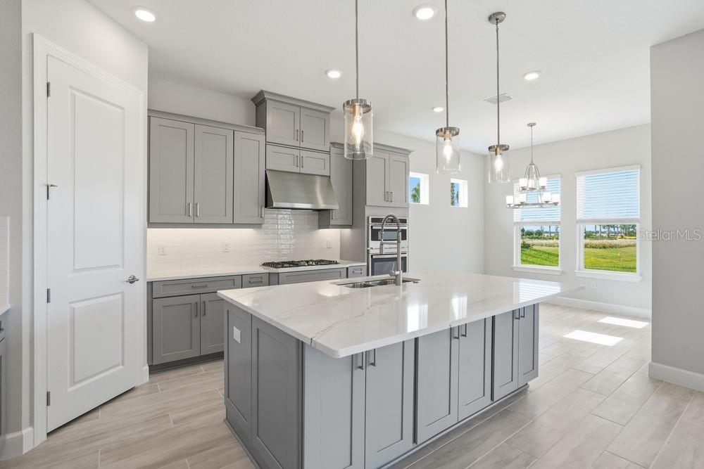 A modern kitchen features gray cabinets, a large white marble island, and stainless steel appliances — 13705 IONA AVENUE, PALMETTO, FL
