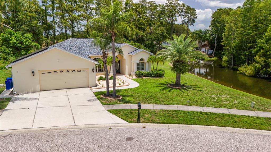 A single-story house with a two-car garage sits beside a pond and palm trees — 8153 BAYTREE DRIVE, NEW PORT RICHEY, FL