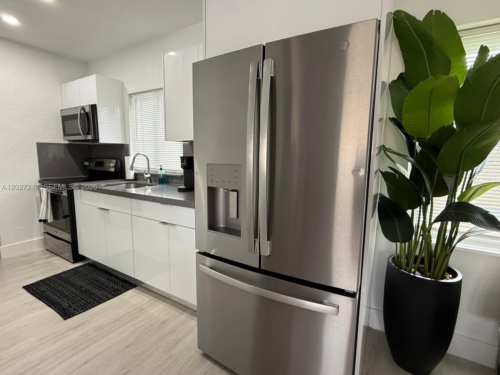 A modern kitchen features white cabinets, stainless steel appliances, and a large potted plant — 6825 NW 5th Ct # 0, Miami FL 33150, MIAMI, FL