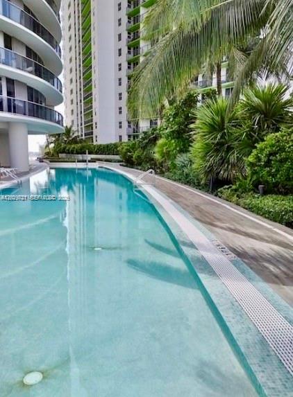 A long, curved swimming pool sits beside a modern high-rise building and lush tropical landscaping — 488 NE 18th St # 705, Miami FL 33132, MIAMI, FL