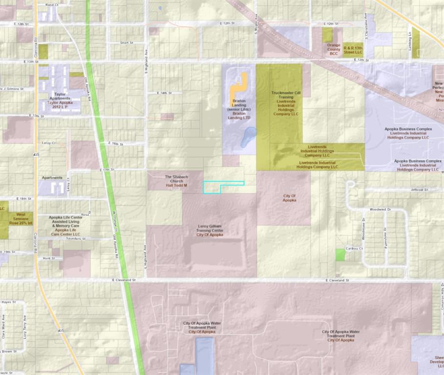 This is a map showing property boundaries and land use in a section of Apopka — E CLEVELAND STREET, APOPKA, FL