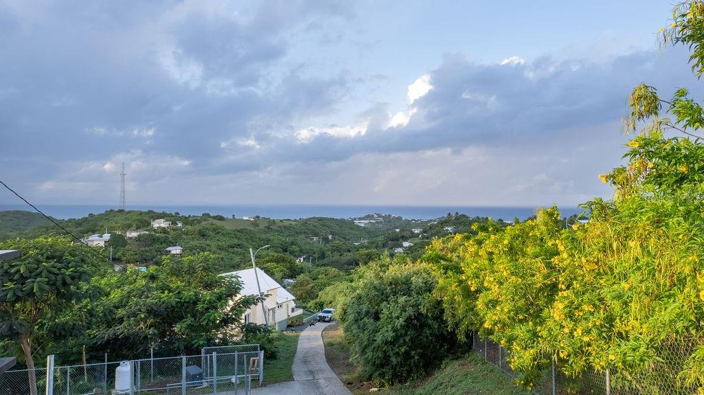 A view of a hillside neighborhood with a house, lush greenery, and the ocean beyond — 210 VISTA BELLA, VIEQUES, PR