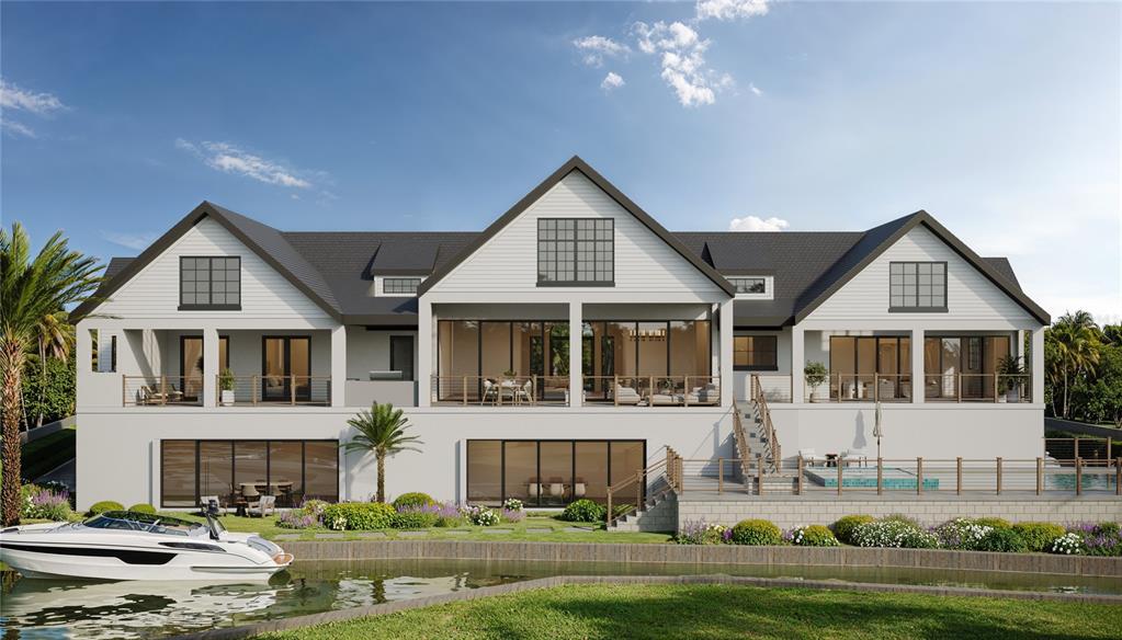 A digital rendering of a two-story waterfront house with a boat docked in the canal — 546 FREELING DRIVE, SARASOTA, FL