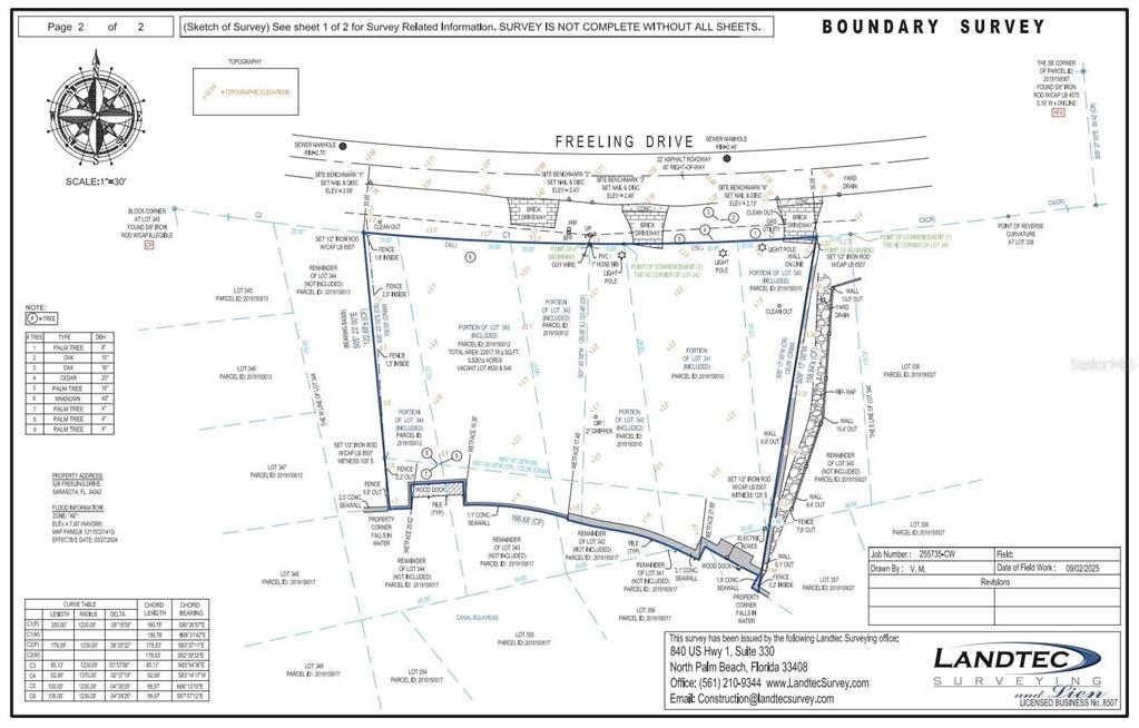 This image is a boundary survey map showing property lines, structures, and vegetation for a lot — 546 FREELING DRIVE, SARASOTA, FL