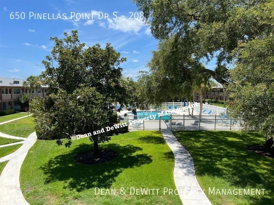 A grassy courtyard with a sidewalk leads to a fenced swimming pool area — 650 PINELLAS POINT DRIVE S UNIT 208, ST PETERSBURG, FL