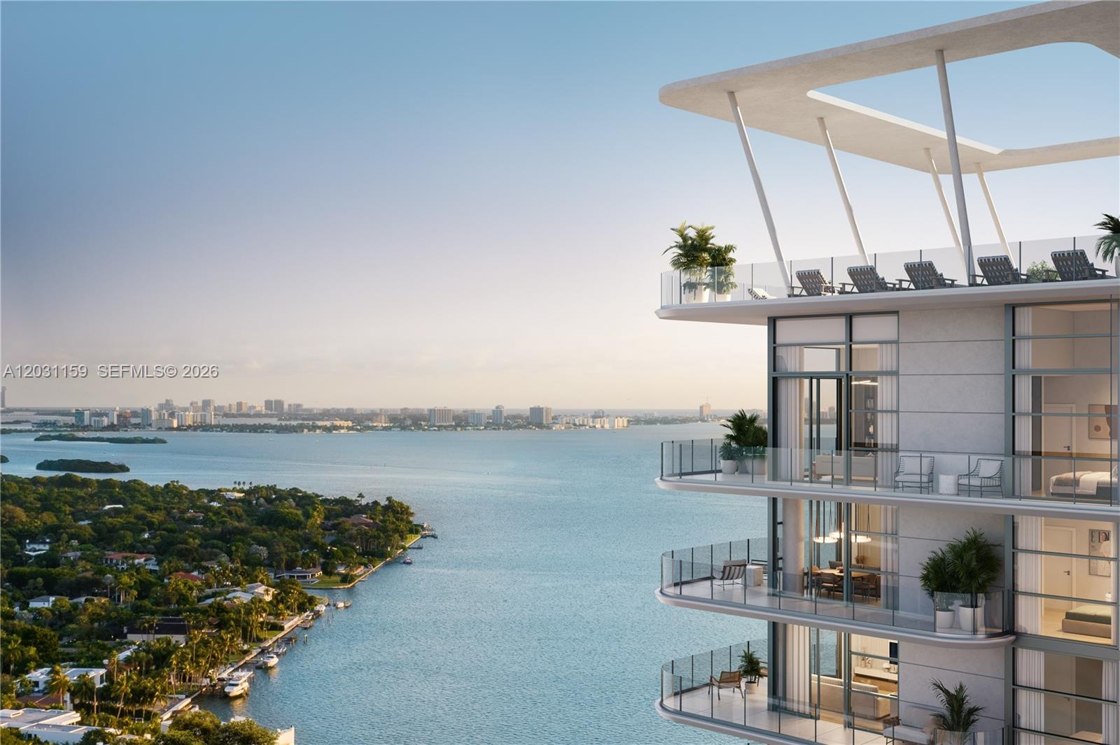 This architectural rendering shows a high-rise building with balconies overlooking a bay and city — 3618 NE 5th Ave # 2204, Miami FL 33137, MIAMI, FL