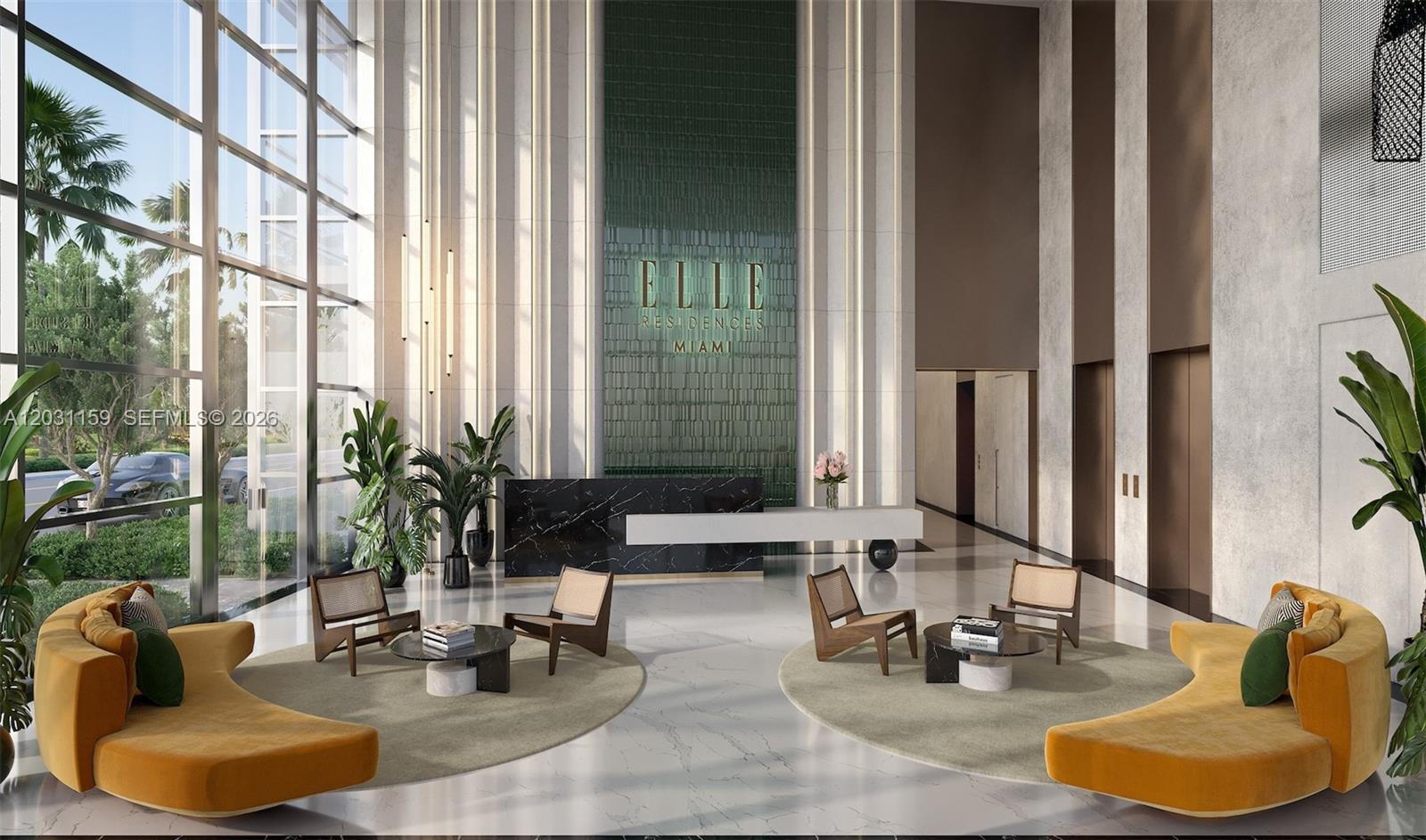 This rendering shows a modern lobby with a reception desk, curved yellow sofas, and greenery — 3618 NE 5th Ave # 2204, Miami FL 33137, MIAMI, FL