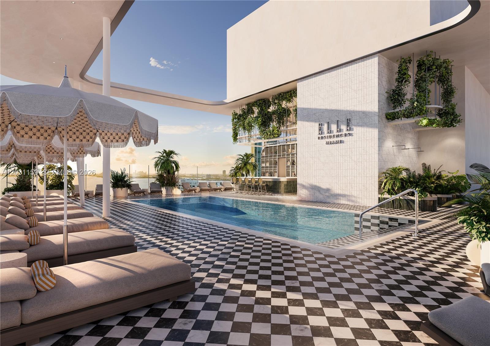 This architectural rendering shows a rooftop pool deck with lounge chairs and a bar area — 3618 NE 5th Ave # 2204, Miami FL 33137, MIAMI, FL