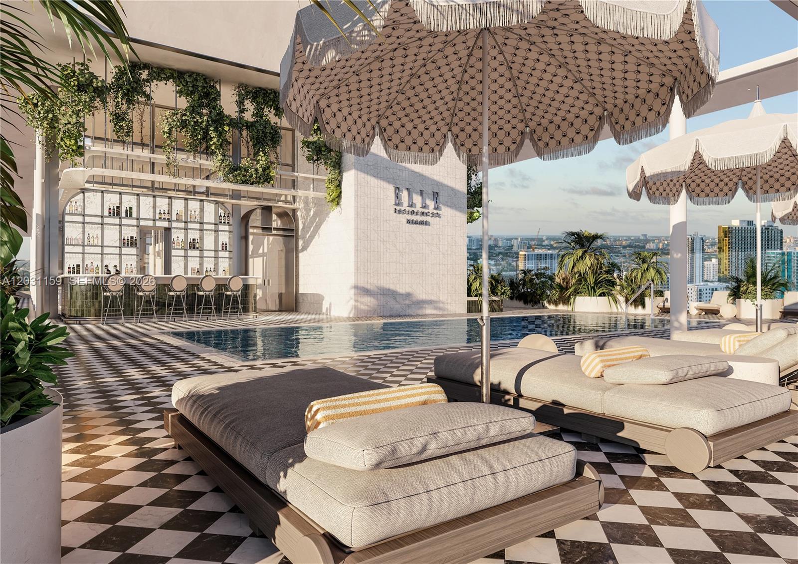 This architectural rendering shows a rooftop pool deck with lounge chairs, umbrellas, and a bar — 3618 NE 5th Ave # 2204, Miami FL 33137, MIAMI, FL
