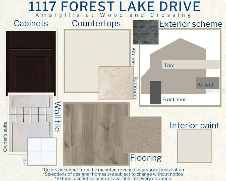 This design board displays interior and exterior finish selections for a home — 1117 FOREST LAKE DRIVE, WILDWOOD, FL