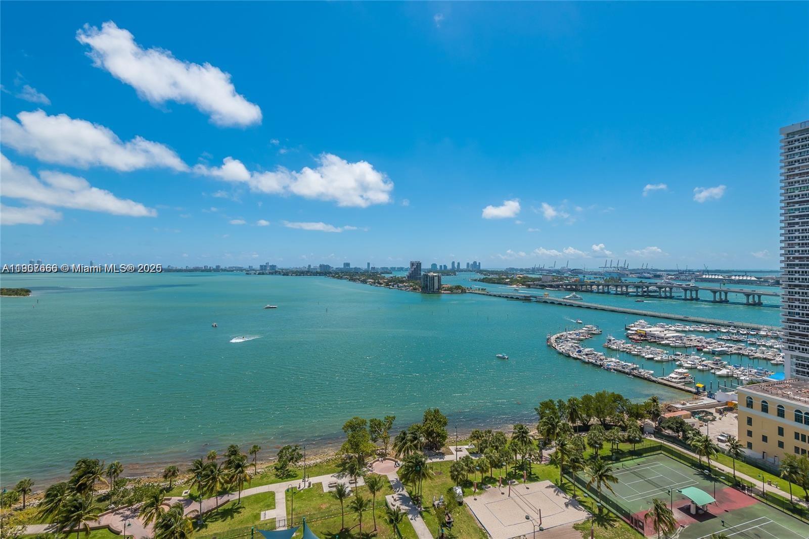 An elevated view shows a bay, a bridge, a marina, and a park area — 488 NE 18th St # 1815, Miami FL 33132, MIAMI, FL
