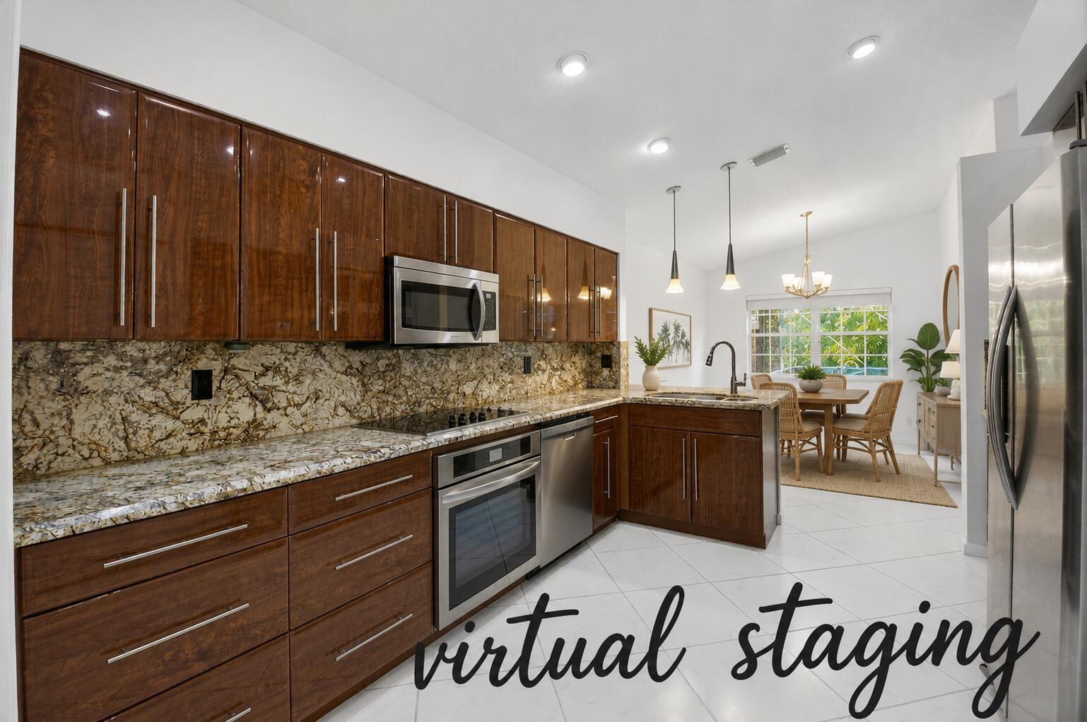 A kitchen with wood cabinets, granite countertops, stainless steel appliances, and an adjacent dining area — 7558 Ironbridge Circle, Delray Beach FL 33446, DELRAY BEACH, FL