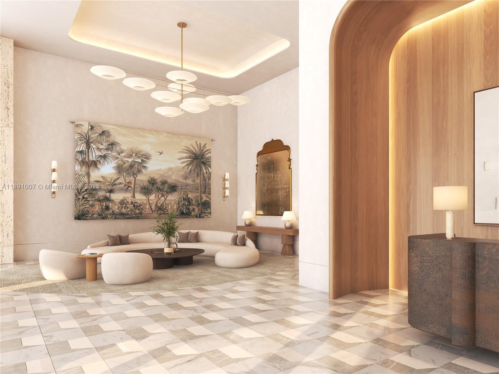 This rendering shows a modern lobby with a curved sofa, wall tapestry, and marble flooring — 501 Diplomat Pwky # A, Hallandale Beach FL 33009, HALLANDALE BEACH, FL