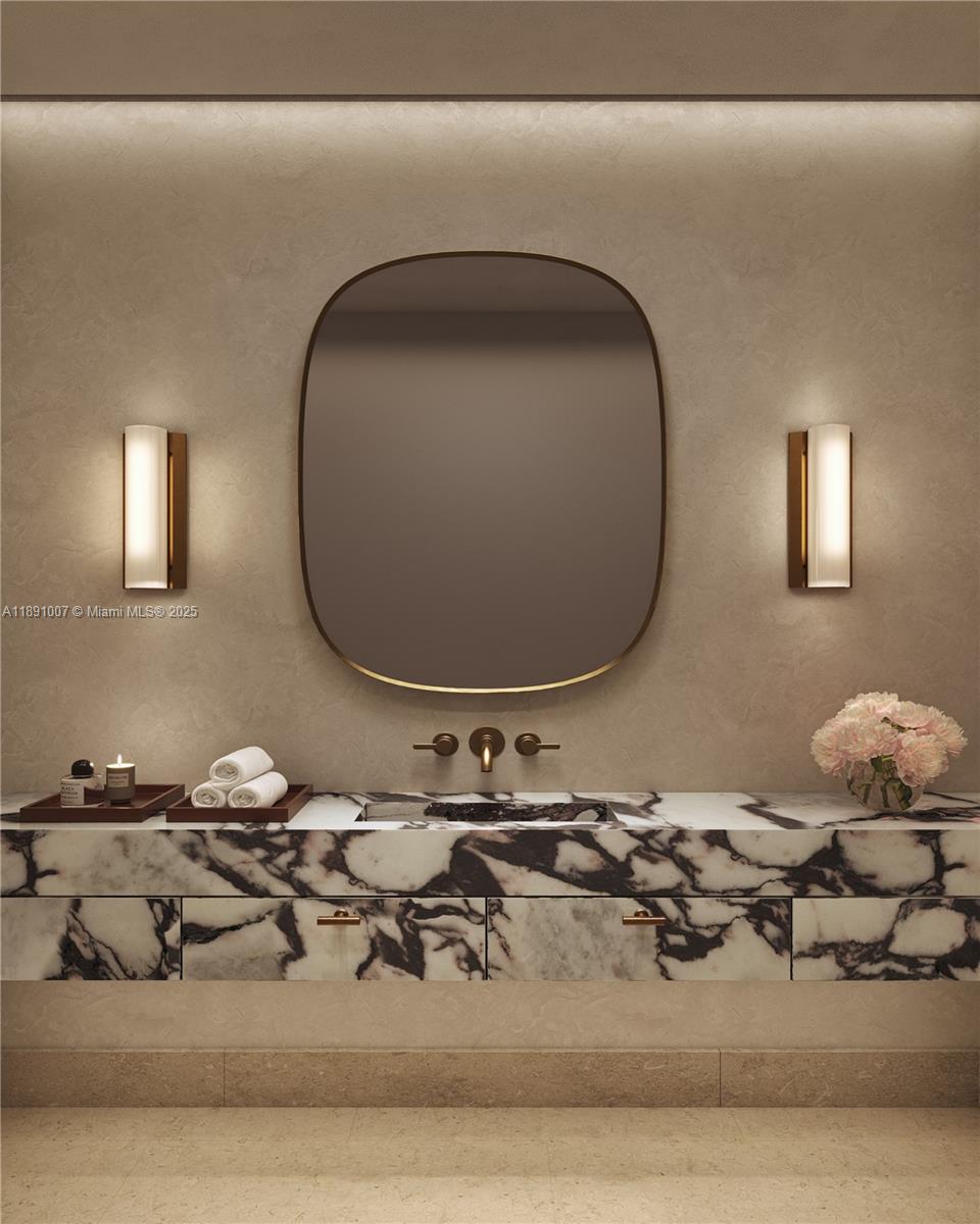 This is a rendering of a modern bathroom featuring a marble vanity and wall-mounted faucet — 501 Diplomat Pwky # A, Hallandale Beach FL 33009, HALLANDALE BEACH, FL