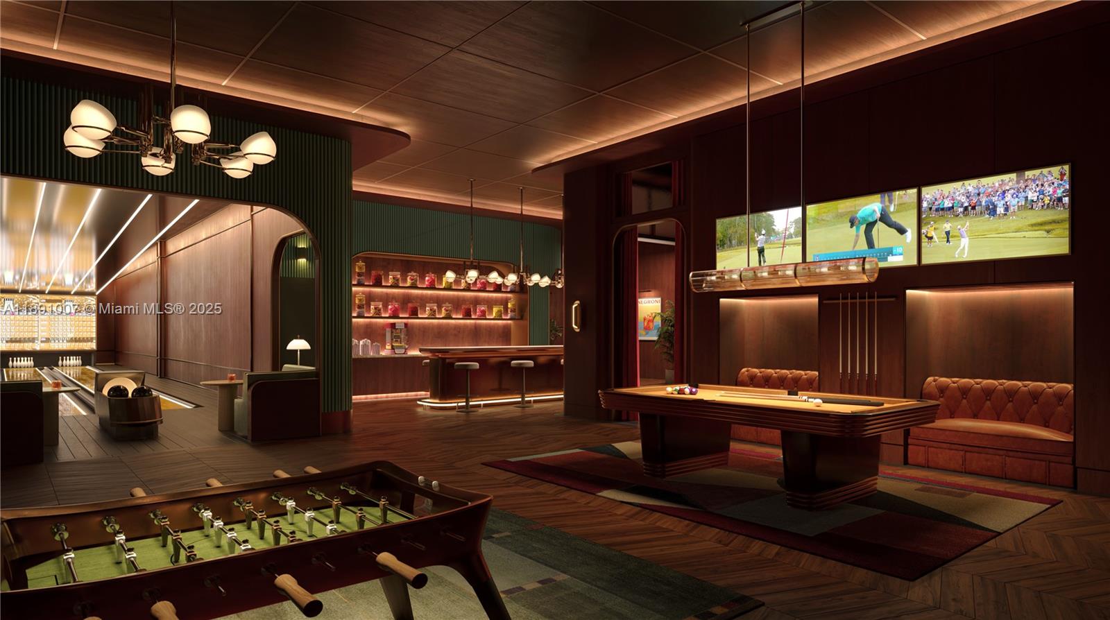 This rendering shows a luxury game room with a pool table, foosball, and a bar — 501 Diplomat Pwky # A, Hallandale Beach FL 33009, HALLANDALE BEACH, FL