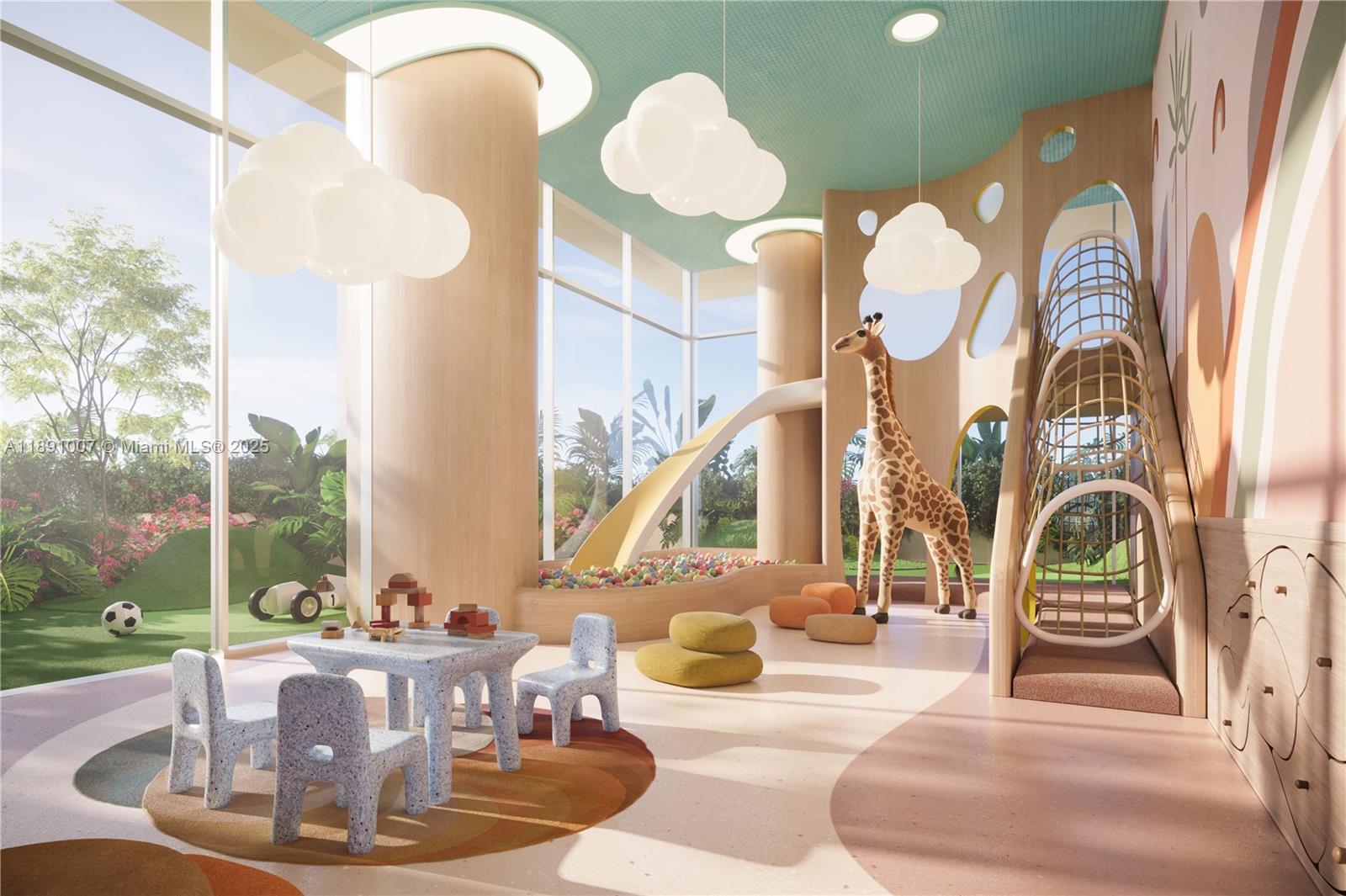 This is a rendering of a modern children's playroom featuring a giraffe statue and slide — 501 Diplomat Pwky # A, Hallandale Beach FL 33009, HALLANDALE BEACH, FL