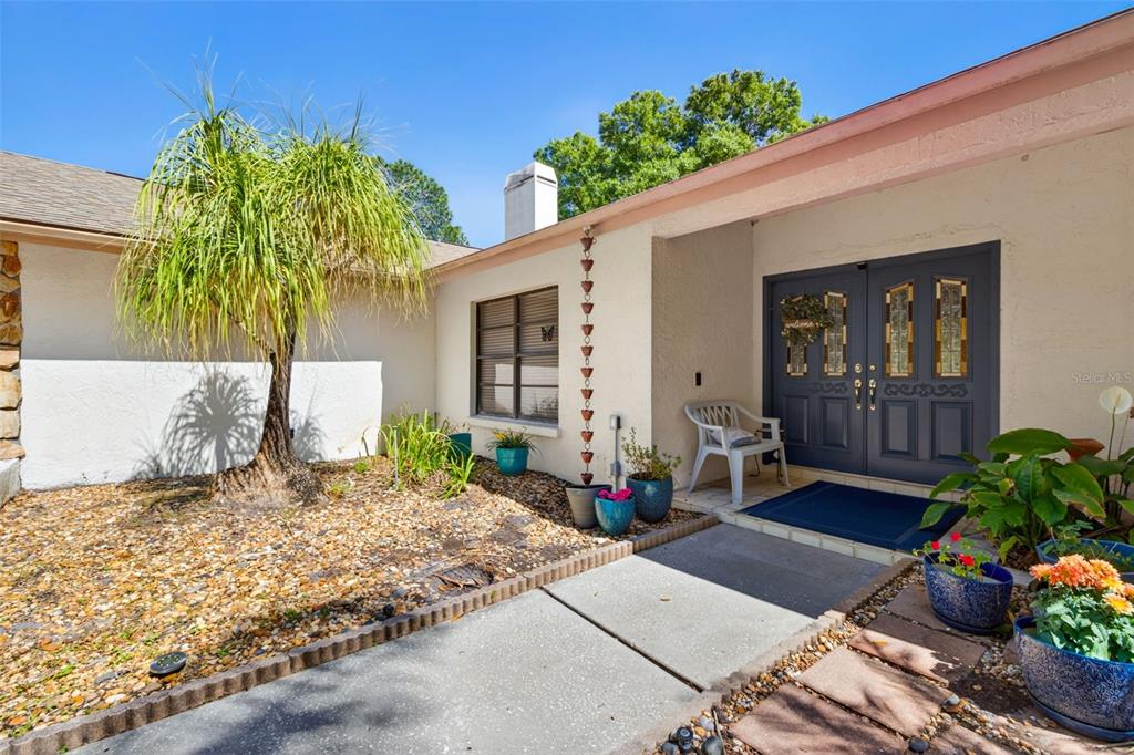A house exterior features a double front door, a palm tree, and a gravel yard — 5035 BARROWE DRIVE, TAMPA, FL