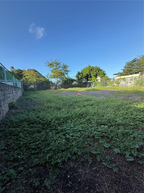 A vacant, grassy lot is enclosed by a concrete wall and a chain-link fence — . UNION UNIT 475, PUERTO REAL, PR